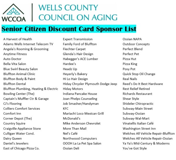Senior Citizen Discount Card Wells County Council on Aging